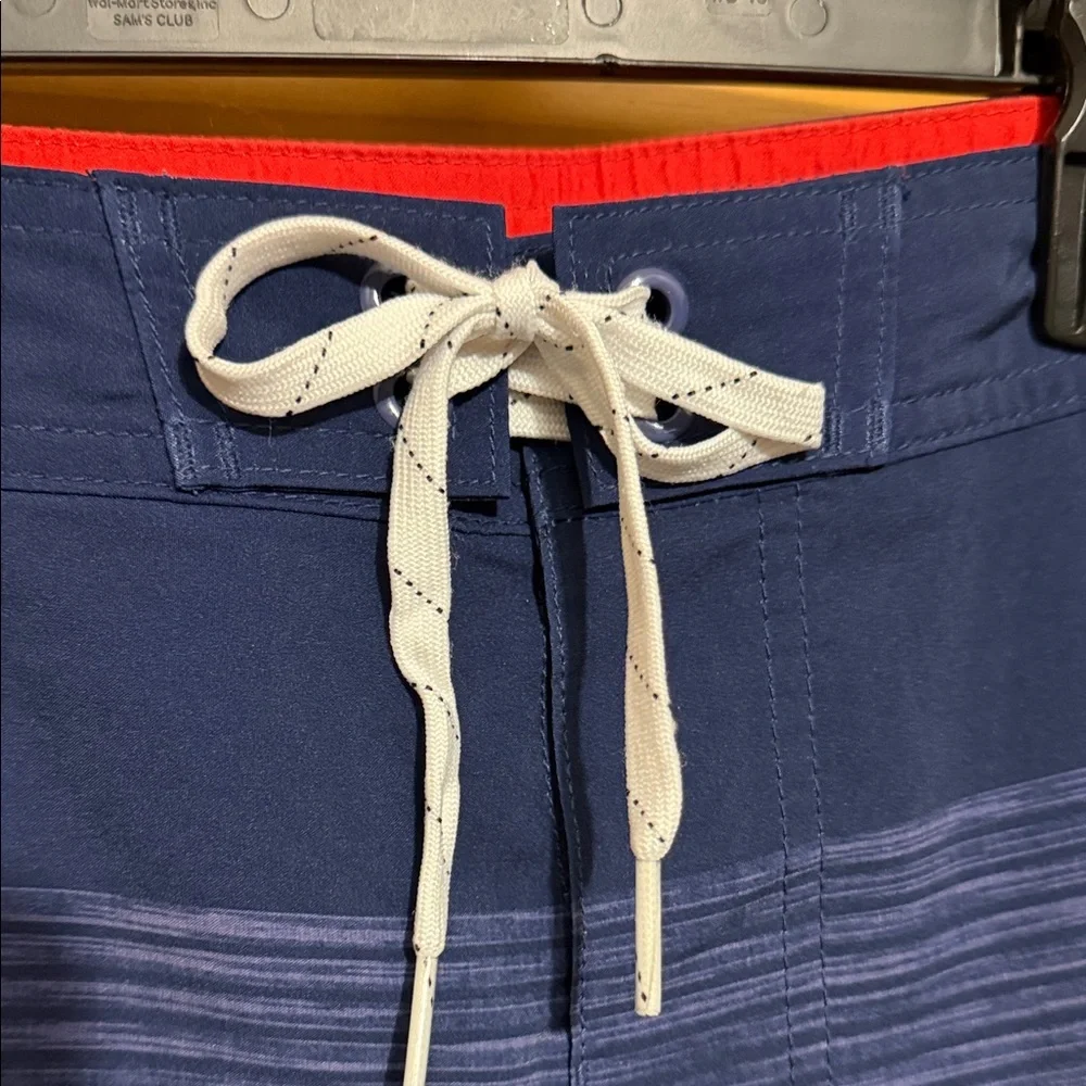 Goodfellow Navy and Aqua Striped Men’s Swim Board Shorts, Size 33”